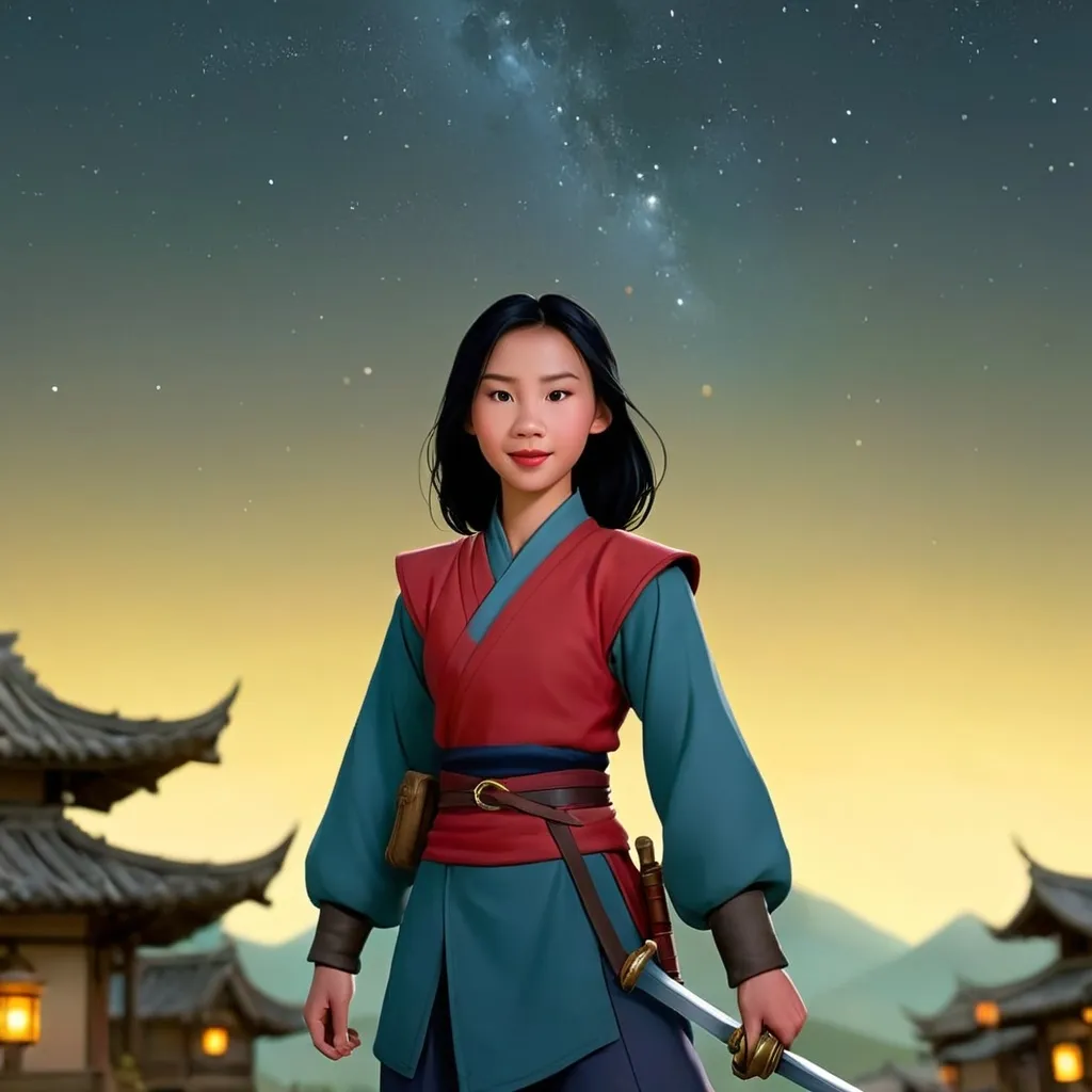 Prompt: Mulan in simple war clothes, wearing a helmet and carrying her father's sword, walks under the starry night sky. Her feet are sure, although her face looks nervous and serious. The village landscape looks small in the distance.