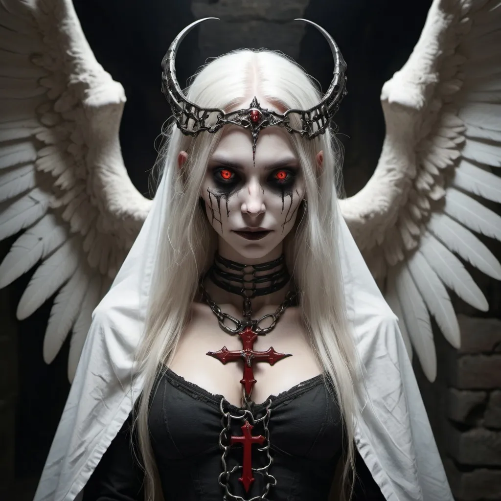 Prompt: A terrifying yet eerily beautiful female creature combining the features of a condor and a reaper, standing in a dark, menacing dungeon. She has large, menacing wings, skeletal features, and glowing red eyes, but an ethereal beauty in her long, flowing white hair. She stares directly into the camera with an eerie smile, wearing a tattered shirt with the word 'F*CK' emblazoned on it. The dungeon is filled with cages and chains, with ivy creeping up the stone walls. Black candles flicker ominously, casting eerie shadows across the room. Her white cloak, soaked in red paint, is adorned with skulls and crosses. The scene is hyper-realistic, highly detailed, and rendered in ultra-sharp 10K resolution, capturing every haunting and unsettling detail.