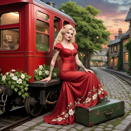 Prompt: A graceful red lady tattooed with white flowers, blond hair with ivy and flowers. She wears a red gala dress , sitting in an old-fashioned train with a suitcase and waving out the window smiling. Twilight. Background of a cobblestone road and a small white station with green shutters and a French garden.,  Photorealistic, hyper-sharp, and 10K, highly realistic and detailed.