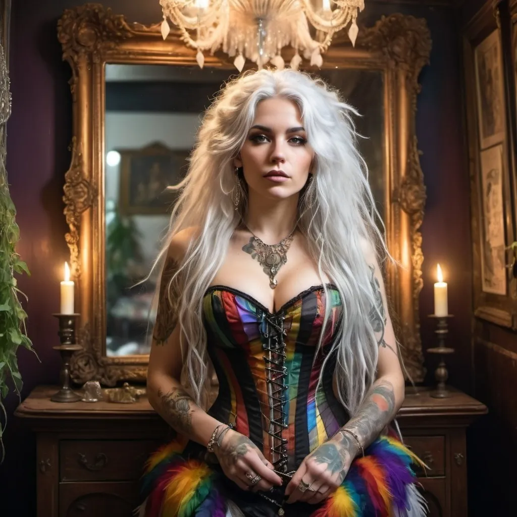 Prompt: Woman, white long messy hair, tattooed, silver jewelry, in a long rainbow feather dress with corset. Behind her, large very old victorian mirror, smoke, ivy strings with white tiny flowers hang from the ceiling. spotlight on her.