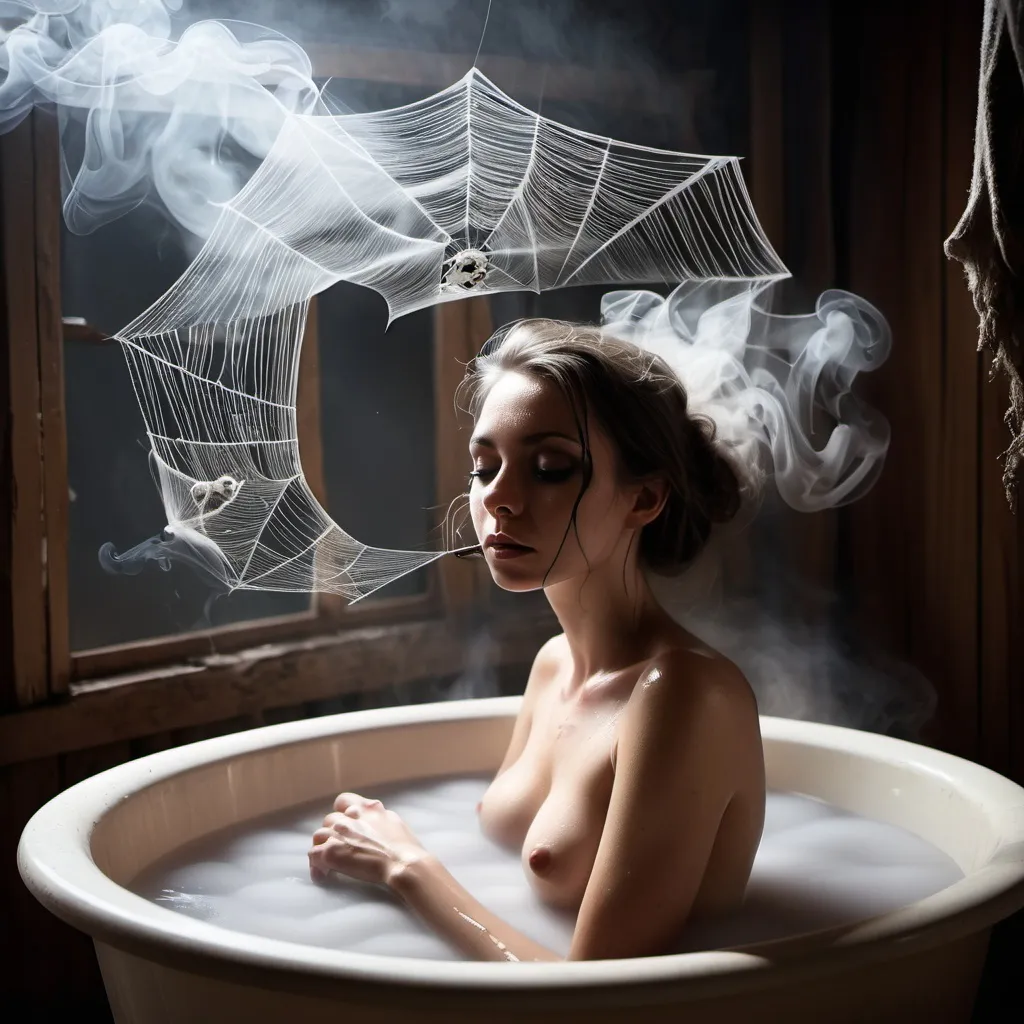 Prompt: woman in a tub. spider web, lantern, smoke/dust.