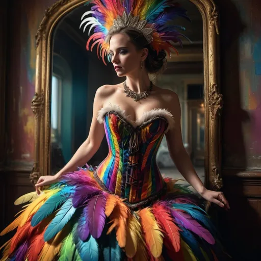 Prompt: Woman in a rainbow feather dress with corset. Behind her, large mirror reflect a scene of deterioration, contrasting with her vibrant performance.