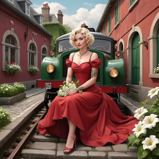 Prompt: A graceful red lady tattooed with white flowers, short curly blond hair with ivy and flowers. She wears a red gala dress , sitting in an old-fashioned train with a suitcase and waving out the window smiling. Twilight. Background of a cobblestone road and a small white station with green shutters and a French garden.,  Photorealistic, hyper-sharp, and 10K, highly realistic and detailed.