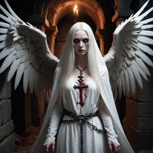 Prompt: A terrifying yet eerily beautiful female creature combining the features of a condor and a reaper, standing in a dark, menacing dungeon. She has large, menacing wings, skeletal features, and glowing red eyes, but an ethereal beauty in her long, flowing white hair. She stares directly into the camera with an eerie smile, wearing a tattered shirt with the word 'F*CK' emblazoned on it. The dungeon is filled with cages and chains, with ivy creeping up the stone walls. Black candles flicker ominously, casting eerie shadows across the room. Her white cloak, soaked in red paint, is adorned with skulls and crosses. The scene is hyper-realistic, highly detailed, and rendered in ultra-sharp 10K resolution, capturing every haunting and unsettling detail.