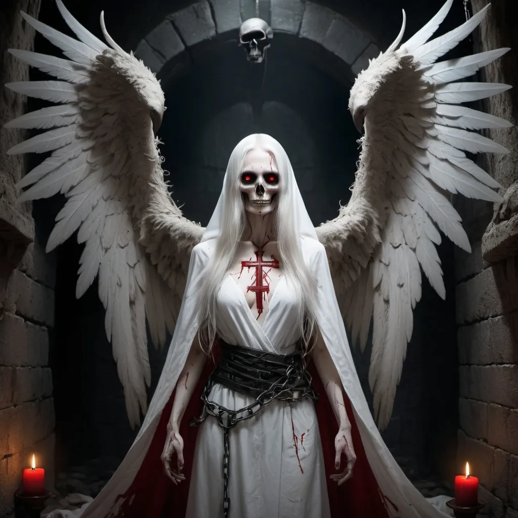 Prompt: A terrifying yet eerily beautiful female creature combining the features of a condor and a reaper, standing in a dark, menacing dungeon. She has large, menacing wings, skeletal features, and glowing red eyes, but an ethereal beauty in her long, flowing white hair. She stares directly into the camera with an eerie smile, wearing a tattered shirt with the word 'F*CK' emblazoned on it. The dungeon is filled with cages and chains, with ivy creeping up the stone walls. Black candles flicker ominously, casting eerie shadows across the room. Her white cloak, soaked in red paint, is adorned with skulls and crosses. The scene is hyper-realistic, highly detailed, and rendered in ultra-sharp 10K resolution, capturing every haunting and unsettling detail.