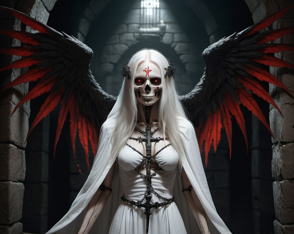 Prompt: A terrifying yet eerily beautiful female creature combining the features of a condor and a reaper, standing in a dark, menacing dungeon. She has large, menacing wings, skeletal features, and glowing red eyes, but an ethereal beauty in her long, flowing white hair. She stares directly into the camera with an eerie smile, wearing a tattered shirt with the word 'F*CK' emblazoned on it. The dungeon is filled with cages and chains, with ivy creeping up the stone walls. Black candles flicker ominously, casting eerie shadows across the room. Her white cloak, soaked in red paint, is adorned with skulls and crosses. The scene is hyper-realistic, highly detailed, and rendered in ultra-sharp 10K resolution, capturing every haunting and unsettling detail.