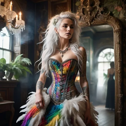 Prompt: Woman, white long messy hair, tattooed, silver jewelry, in a long rainbow feather dress with corset. Behind her, large very old victorian mirror, smoke, ivy strings with white tiny flowers hang from the ceiling. spotlight on her.