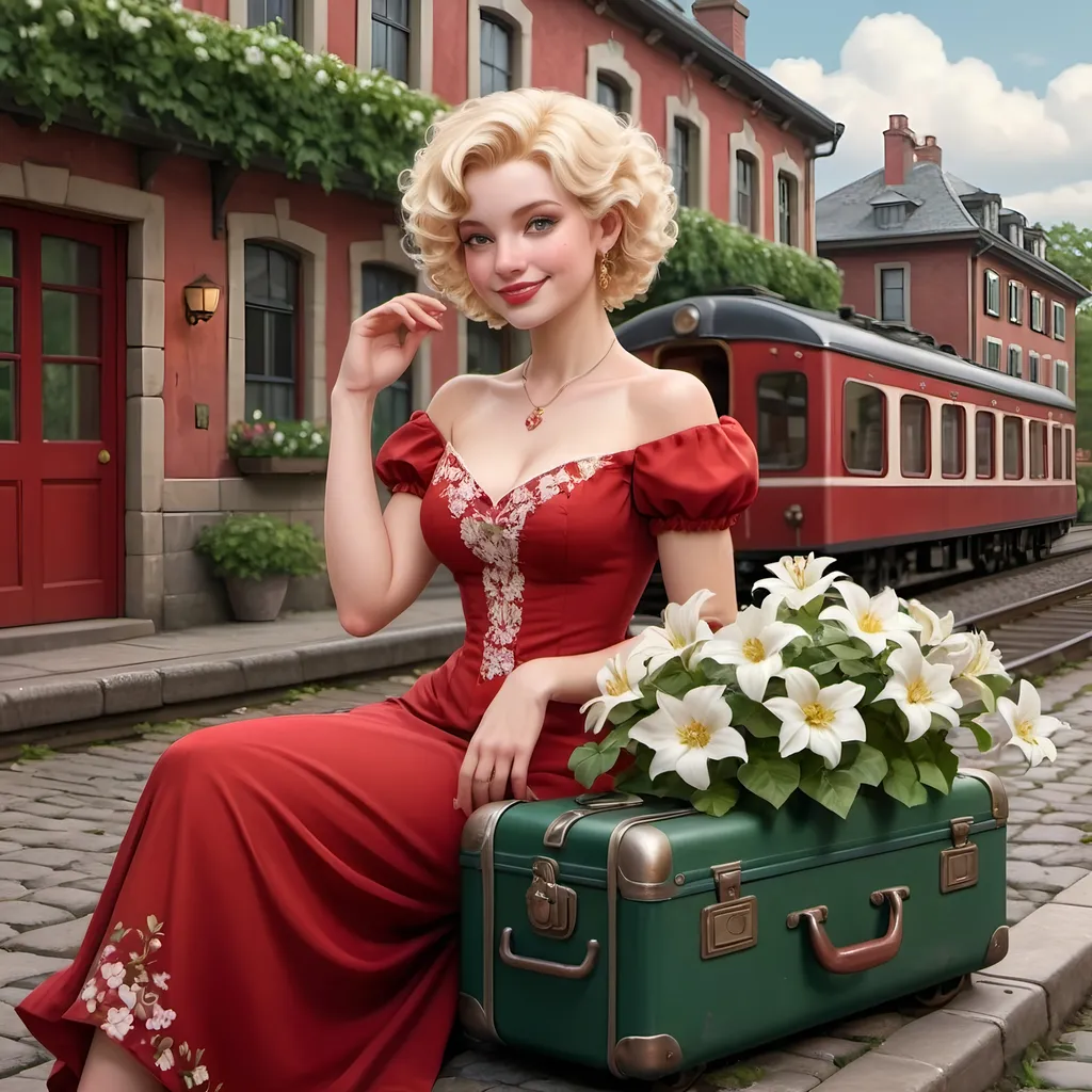 Prompt: A graceful red lady tattooed with white flowers, short curly blond hair with ivy and flowers. She wears a red gala dress , sitting in an old-fashioned train with a suitcase and waving out the window smiling. Twilight. Background of a cobblestone road and a small white station with green shutters and a French garden.,  Photorealistic, hyper-sharp, and 10K, highly realistic and detailed.