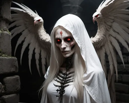 Prompt: A terrifying yet eerily beautiful female creature combining the features of a condor and a reaper, standing in a dark, menacing dungeon. She has large, menacing wings, skeletal features, and glowing red eyes, but an ethereal beauty in her long, flowing white hair. She stares directly into the camera with an eerie smile, wearing a tattered shirt with the word 'F*CK' emblazoned on it. The dungeon is filled with cages and chains, with ivy creeping up the stone walls. Black candles flicker ominously, casting eerie shadows across the room. Her white cloak, soaked in red paint, is adorned with skulls and crosses. The scene is hyper-realistic, highly detailed, and rendered in ultra-sharp 10K resolution, capturing every haunting and unsettling detail.