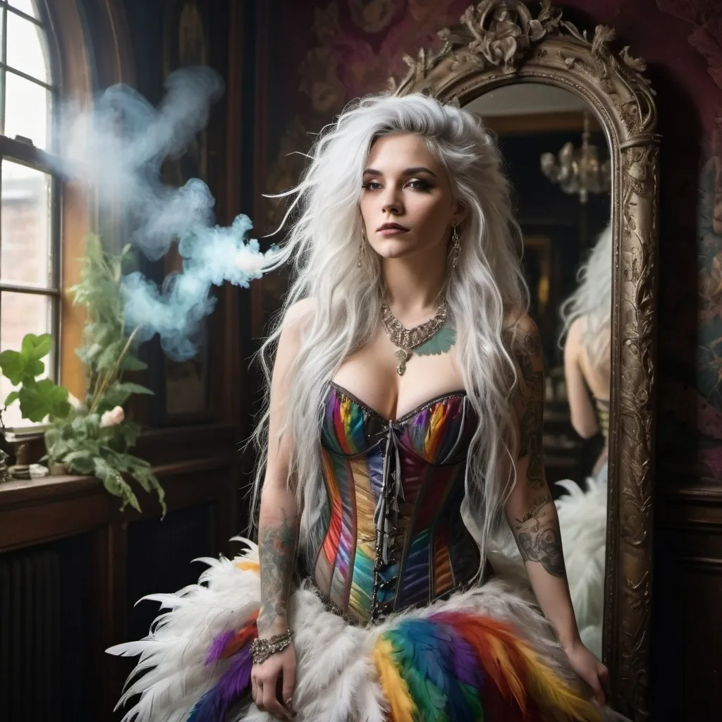 Prompt: Woman, white long messy hair, tattooed, silver jewelry, in a long rainbow feather dress with corset. Behind her, large very old victorian mirror, smoke, ivy strings with white tiny flowers hang from the ceiling. spotlight on her.