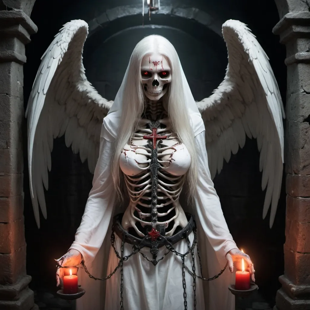 Prompt: A terrifying yet eerily beautiful female creature combining the features of a condor and a reaper, standing in a dark, menacing dungeon. She has large, menacing wings, skeletal features, and glowing red eyes, but an ethereal beauty in her long, flowing white hair. She stares directly into the camera with an eerie smile, wearing a tattered shirt with the word 'F*CK' emblazoned on it. The dungeon is filled with cages and chains, with ivy creeping up the stone walls. Black candles flicker ominously, casting eerie shadows across the room. Her white cloak, soaked in red paint, is adorned with skulls and crosses. The scene is hyper-realistic, highly detailed, and rendered in ultra-sharp 10K resolution, capturing every haunting and unsettling detail.