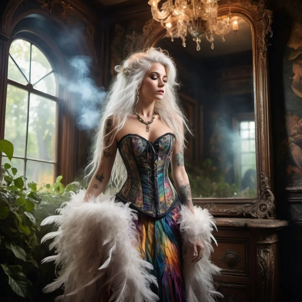 Prompt: Woman, white long messy hair, tattooed, silver jewelry, in a long rainbow feather dress with corset. Behind her, large very old victorian mirror, smoke, ivy strings with white tiny flowers hang from the ceiling. spotlight on her.