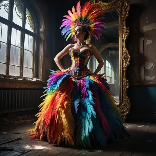 Prompt: Woman in a rainbow feather dress with corset. Behind her, large mirror reflect a scene of deterioration, contrasting with her vibrant performance.