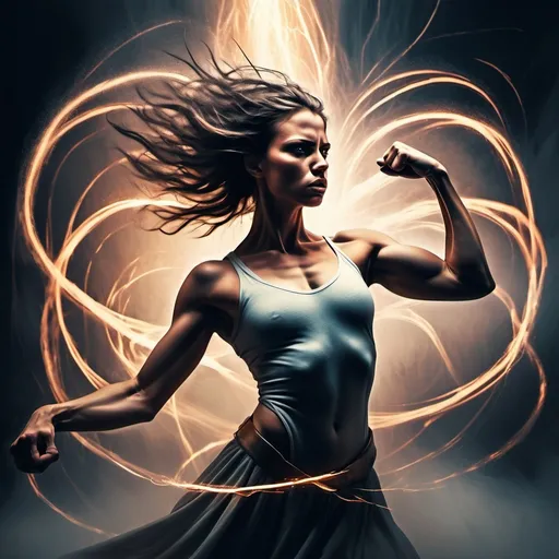 Prompt: An abstract image that shows strength and power fight. Inwardly, fear surrounded you, but you overcame it. It is a female of no bounds, a male entity with an angelique spirit
