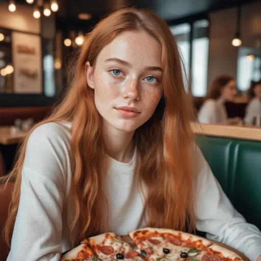 Prompt: French woman with long, natural hair, freckles, no-makeup, Instagram influencer, modern style, high-fashion, soft and natural lighting, detailed features, high resolution, realistic, soft pastel colors, minimalistic, elegant, professional photography  in restaurant eat pizza