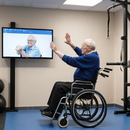 Prompt: an elderly man sits on the wheelchair doing hand and arm exercise in an interative gym room with an computer display wall
