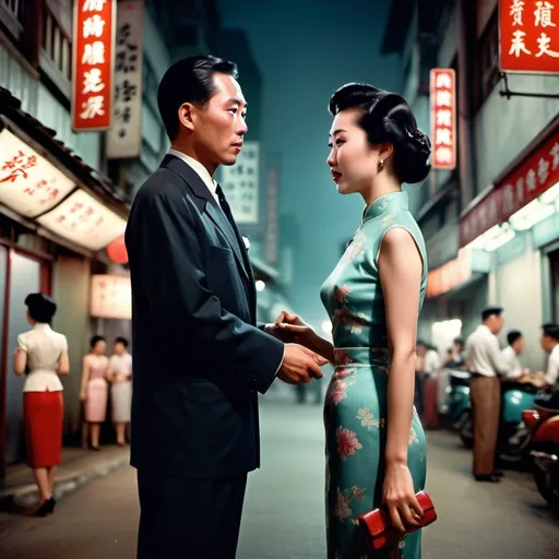 Prompt: a Lady in Qipao and a man in suit stare each other in the 1950‘s Hong Kong at night 