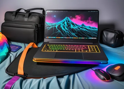 Prompt: a laptop computer sitting on top of a bed next to a keyboard and mouse pad with a bag on the side, Epsylon Point, maximalism, rgb, computer graphics