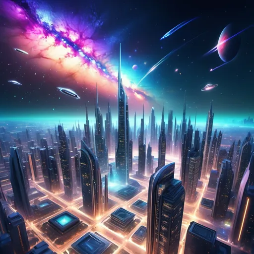 Prompt: (futuristic city skyline), (hypersonic architecture), bright luminescent hues, cosmic elements integrated, swirling colors of the Milky Way, illuminated skyscrapers, sparkling stars overhead, high energy ambiance, advanced technology seamlessly blending with nature, beautiful night sky, (realistic concept art), ultra-detailed, 4K resolution, immersive scene capturing the essence of a vibrant and innovative atmosphere.