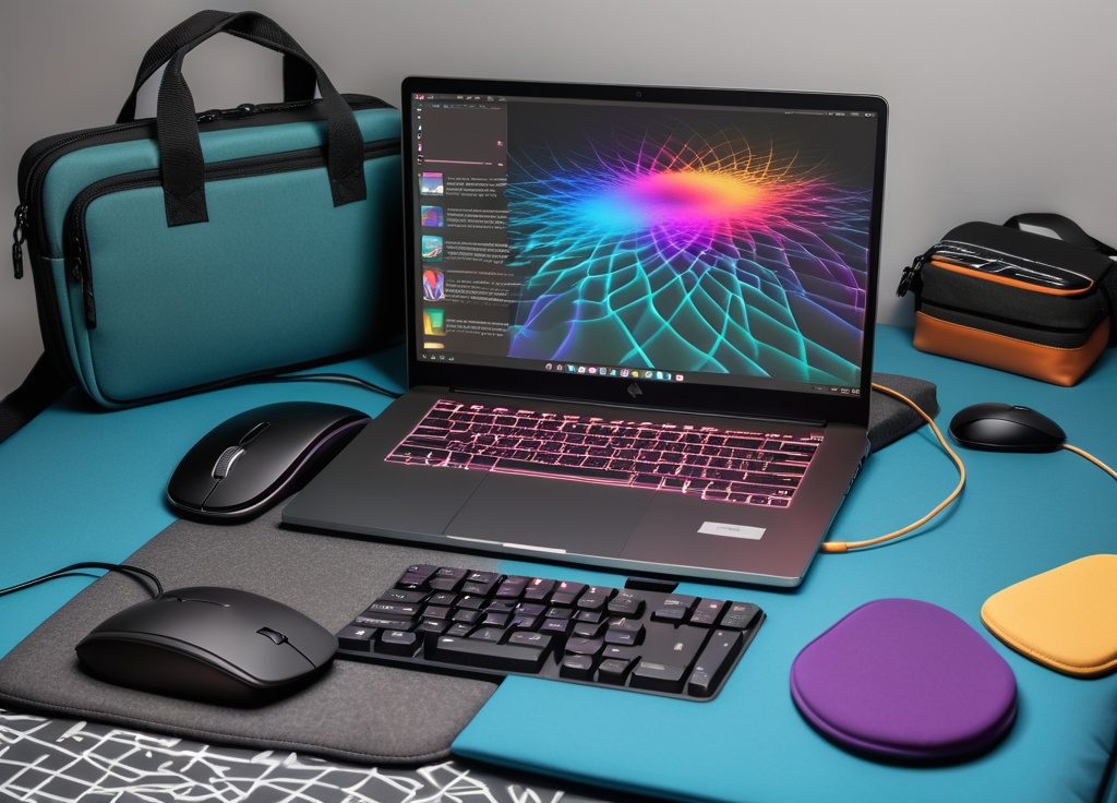 Prompt: a laptop computer sitting on top of a bed next to a keyboard and mouse pad with a bag on the side, Epsylon Point, maximalism, rgb, computer graphics