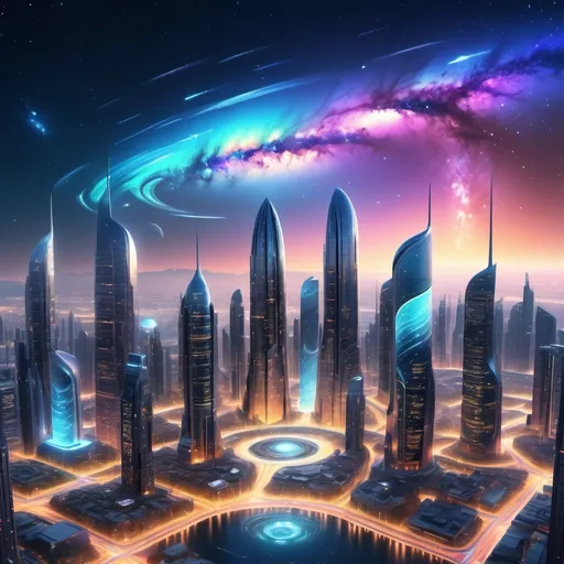 Prompt: (futuristic city skyline), (hypersonic architecture), bright luminescent hues, cosmic elements integrated, swirling colors of the Milky Way, illuminated skyscrapers, sparkling stars overhead, high energy ambiance, advanced technology seamlessly blending with nature, beautiful night sky, (realistic concept art), ultra-detailed, 4K resolution, immersive scene capturing the essence of a vibrant and innovative atmosphere.