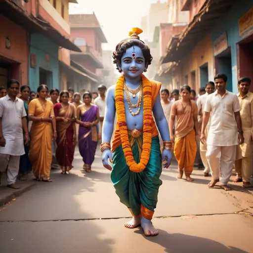 Prompt: Cute small Krishna walking on Indian roads), vibrant colors, rich cultural ambiance, surrounded by bustling people, traditional attire, detailed facial features, gentle smile, serene expression, historical Indian architecture in the background, warm sunlight casting soft shadows, lively atmosphere, high-quality, ultra-detailed, capturing the essence of community and spirituality.