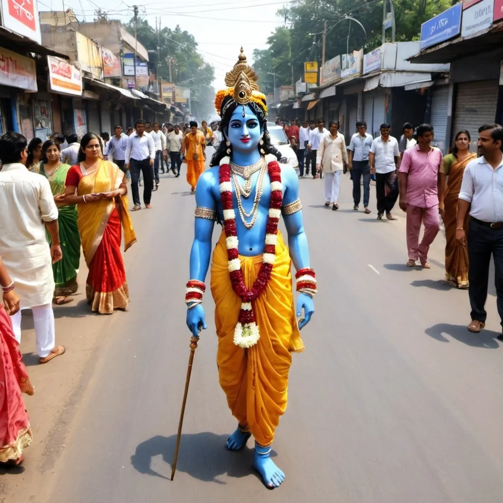 Prompt: A lord Krishna's in Indian roads walking and seeing people's 