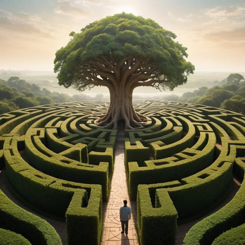 Prompt: Imagine the tree of life standing atop a towering, spiraling maze, their figure silhouetted against an endless expanse of twisting pathways disappearing into the horizon. Below them, the maze sprawls endlessly in all directions, creating a mesmerizing scene.