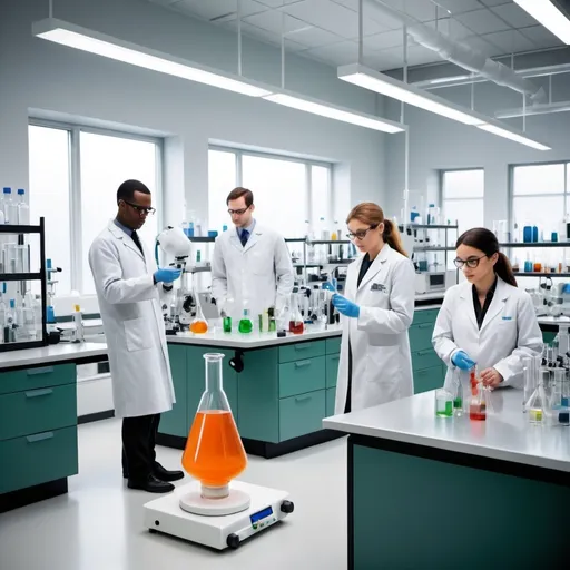 Prompt: Creating an image that visualizes a dual brand strategy to dominate the market of laboratory products in a leab setting with lab benches and lab scientists.

Concept Idea
Scene Description:

Team Composition: A diverse team of scientists, reflecting different ethnicities and genders, wearing lab coats and safety glasses. They should look professional, confident, and engaged in lab work like organic synthesis.
Setting: A laboratory environment. The backdrop could include lab benches, laboratory instruments like rotary evaporators preparative chromatography products, organic synthesis reactors and freeze dryers.
Key Elements:
Show more than one brand of rotary evaporators.   This could be shown either as a literal transformation happening in the background or as an infographic.
Catalysis Concept: Incorporate visual elements that symbolize a catalytic process. This could be portrayed with chemical equipment (like flasks or beakers) 
Team Interaction: The team members could be exchanging information around the lab equipment, presenting ideas, pointing at the equipment or actively participating in a process that symbolizes the interest. 
Style and Aesthetics:
The image should have a professional and polished look, with clear and bright lighting. Colors could be a mix green and orange shades and vibrant tones to represent diversity and innovation.
