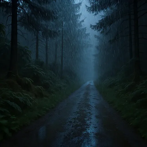 Prompt: Rain falling gently on a forest path at dusk, cinematic lighting