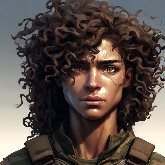 Prompt: Detailed illustration of a strong, confident girl with long, curly hair, striking straight scar over left eye, athletic soldier-like physique, high-quality, realistic, dynamic lighting, detailed facial features, intense gaze, dramatic, powerful, realistic style, long curly hair, straight scar over left eye, soldier-like body, high quality, realistic, dynamic lighting, detailed facial features, intense gaze, dramatic, powerful