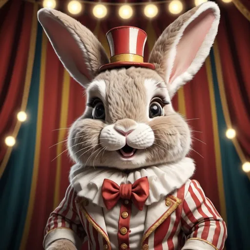 Prompt: Realistic illustration of a cute bunny in circus attire, detailed fur and expressive eyes, vintage circus setting, high-quality, realistic, detailed fur, cute expression, circus attire, vintage setting, professional lighting