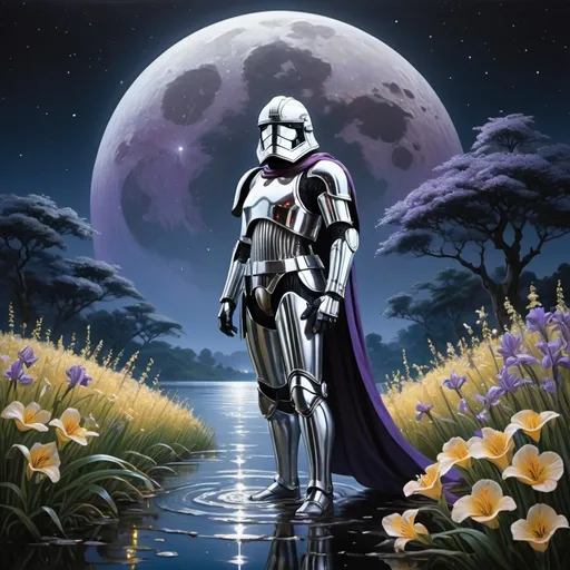 Prompt: golden ratio composition, ideal forms, perfect design; Sorayama style:by Takeshi Kitano+by Utagawa Kuniyoshi; wax airpen painting; three-dimensional and hierarchical sense; delicate brushstrokes and rich colors; old town night scene of fantastic colors, all of  blooming in the moonlight, Captain Phasma, small purple irises, one Captain Phasma stands in water, some fireflies sits on grass, moon is far away, whole scene is illuminated by small full moon, moon is sprinkled like water on all around, vivid colors, vibrant, excellent light treatment, moonlight makes the flowers and grass show different changes of light and dark, through depicting the beautiful scenery of nature, express the love and praise of nature