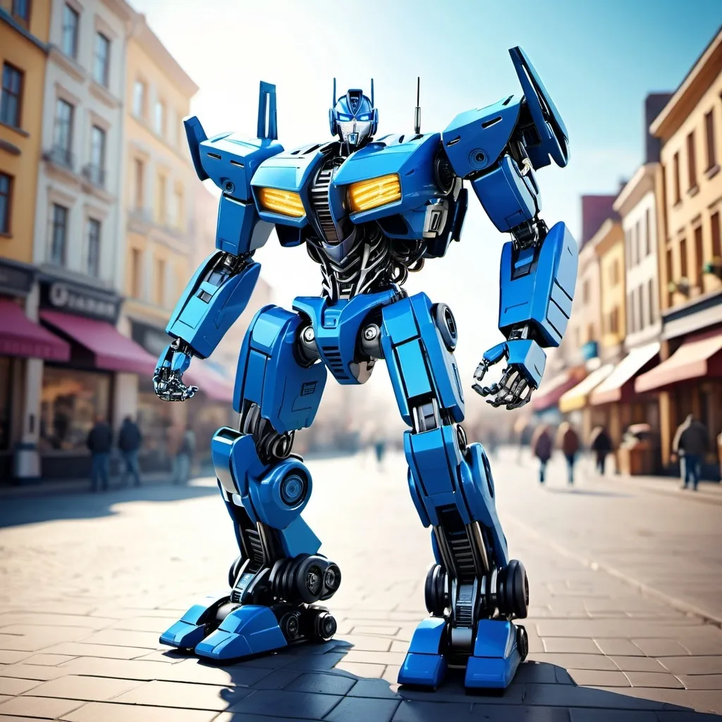 Prompt: full body photo of a transformer robot, dynamic pose, futuristic and technological look, ultra detailed, town square, happy robots and war in the background, sunny theme background, 32k resolution, molecular precision. ultra sharp focus.