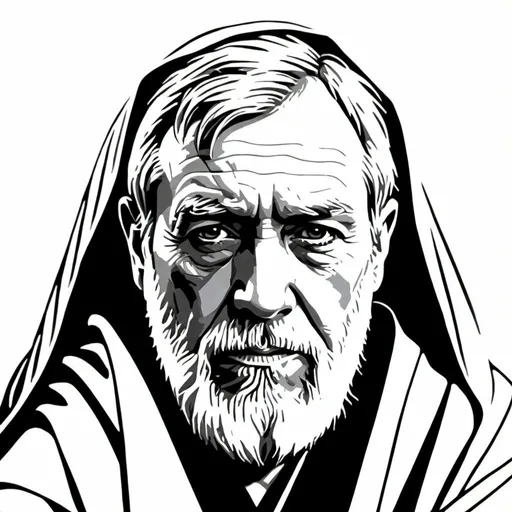 Prompt: Old Ben Kenobi, linocut, digital art, simple, 32k Resolution.