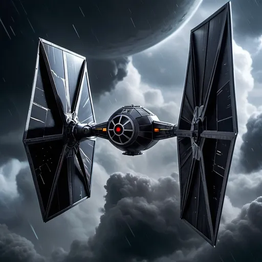 Prompt: An extreme macro close-up of a TIE Fighter's front glass as it's soaring through the stormy skies of a planet, with dark nebula clouds swirling around its menacing silhouette. 32k Resolution, Molecular Precision, Ultra Sharp Focus.