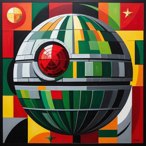 Prompt: Death Star painting in cubism style with red and yellow and green panels. It should be in outer space with gold stars and red starships