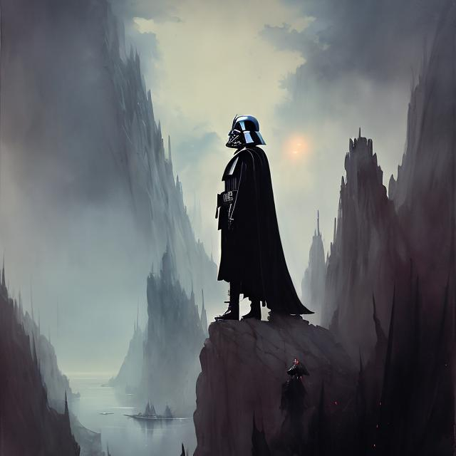 Prompt: "((style of Anne Bachelier, illustration, painting, watercolor, surrealism)),a row of mysterious figures (((darth vader))), (((stormtroopers))), standing on the rim of a cliff, looking down at viewer, dusk, barren,"
Weight:1  