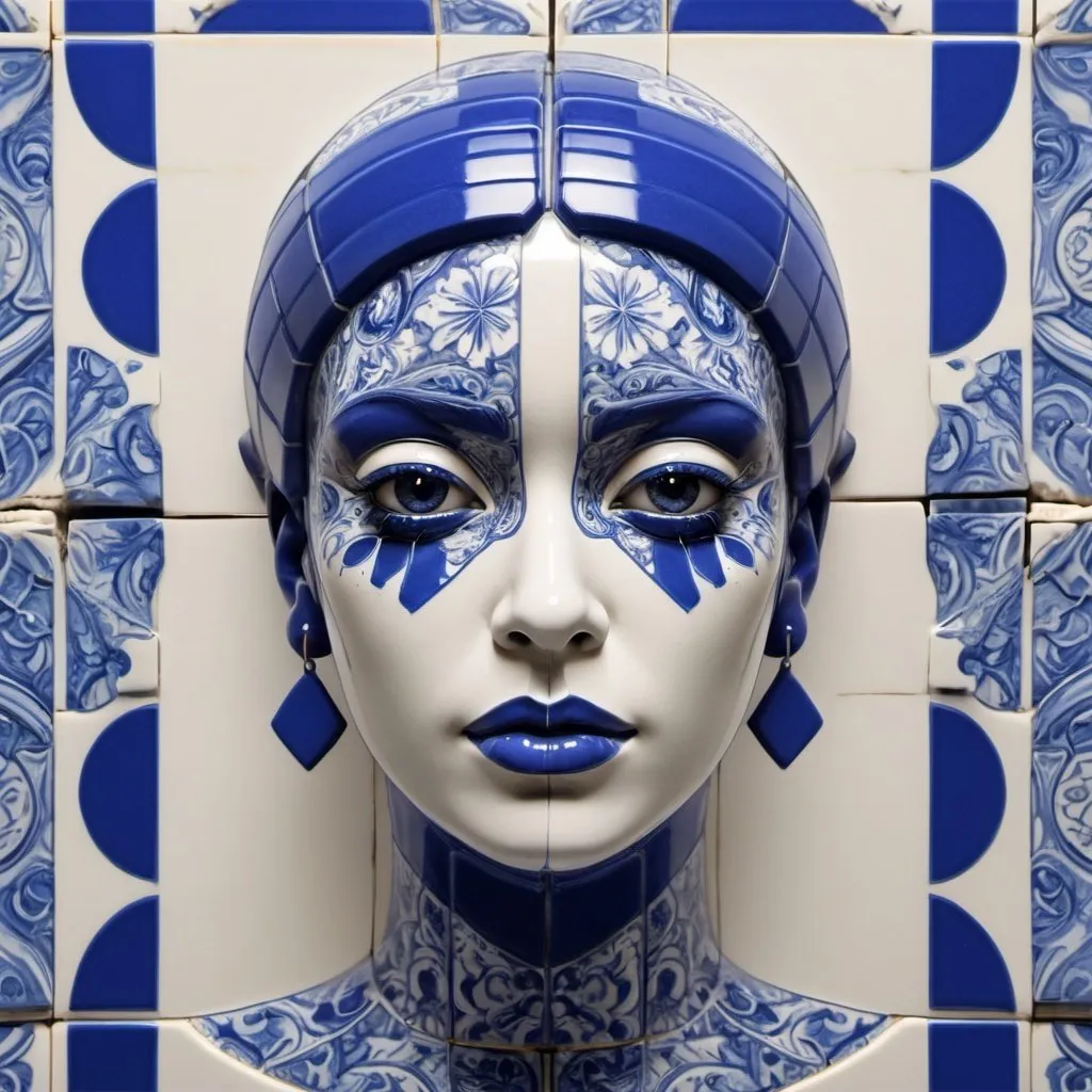 Prompt: Caldas da Rainha Azulejo Manufacture - Azulejo Art Deco, by Luis Duarte, Luis Duarte style, Face Portrait, Element Earth, blue and white shading, Caldas da Rainha style, Kintsugi, Datanoshing, Ink v3, NijiExpress 3D v2, Splash style, Abstract Art, Abstract Tech, 3D, High definition, Photo realistic, specified, CyberTech