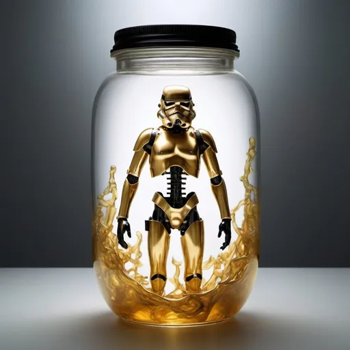 Prompt: Neo Genesis: Life in a Jar, a photographic exploration that bridges the surreal and hyperreal, with influences drawn from Hideo Kojima's visionary game, Death Stranding. Dive into the creation of "Primordial Eternity: A Nexus of Life," a photorealistic masterpiece inspired by the visionary aesthetics of Hideo Kojima's Death Stranding, juxtaposed with the diverse styles of acclaimed artists such as Alberto Seveso, Adam Martinakis, Ajin, and many others. This piece challenges the viewer to confront the unsettling beauty of a stormtrooper suspended in an artificial womb - a transparent, luminous jar filled with a crystalline mixture of oil gold and honey. The stormtrooper is positioned in a fetal pose, distorted and compressed to conform to its glassy confines, with its skin adhering intimately to the walls of the jar.
