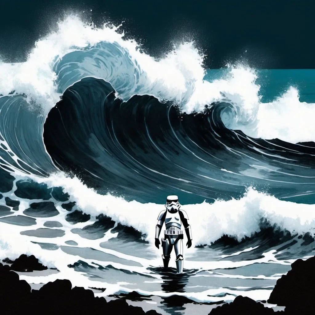 Prompt: Guido Crepax's style, mixed media collage, A stormtrooper's silhouette composed of waves in a double exposure seascape: Imagine a stormtrooper's form created entirely from crashing waves and ocean textures, using a double exposure technique to blend his figure with the surrounding seascape. Emphasize his dynamic and fluid quality with a mix of drawing, painting, and collage techniques. Use a cool color palette and high contrast to create a sense of drama and depth, and incorporate elements of the oceanic environment to create a harmonious and immersive scene. The composition should be balanced and visually striking, with a focus on the stormtrooper's silhouette and the movement of the waves. 32k resolution, molecular precision.