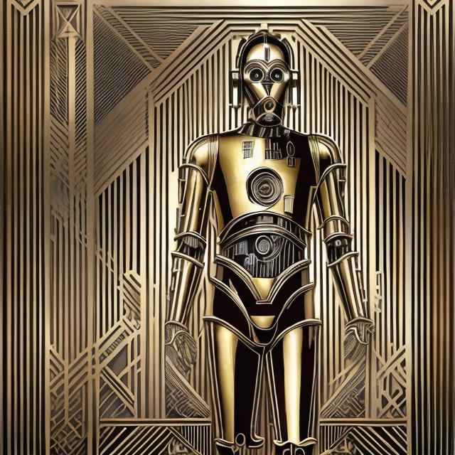 Prompt: "Full Body Shot of C-3PO (Star Wars), Intricate and geometric designs inspired by Art Deco movement's iconic shapes and patterns with stylish illustrations showcasing the sleek glamour and sophistication synonymous with Art Deco architecture and fashion and Detailed portrayals of Art Deco interiors, emphasizing the lavishness and modernity of the era, hyperdetailed by Carl Krull" Weight:1 "ugly, tiling, poorly drawn hands, poorly drawn feet, poorly drawn face, out of frame, extra limbs, disfigured, deformed, body out of frame, blurry, bad anatomy, blurred, watermark, grainy, signature, cut off, draft" Weight:-0.3 "detailed matte painting, deep color, fantastical, intricate detail, splash screen, complementary colors, fantasy concept art, 8k resolution trending on Artstation Unreal Engine 5" Weight:0.9