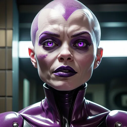 Prompt: in a public bathroom, Genndy Tartakovsky , pretty, tender, ephemeral, asajj ventress (COMPLETELY BALD! PALE AND PALLID SKIN!), intricate, body builder, hyperdetailed, hyperrealistic, flust, purple body suit, light purple eyes, Dark purple lipstick, lustful expression, mischievous, up to no good, arrogant, 32K resolution, molecular precision, ultra sharp focus.