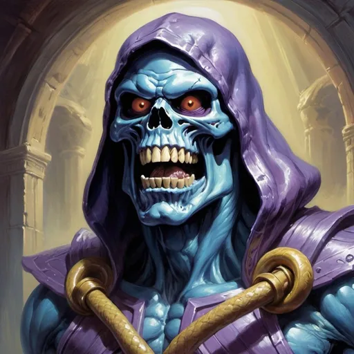 Prompt: "Skeletor (Masters of the Universe) god, hallucination, snake face, inside mouth, looking straight at you, tonsils with faces on them screaming at you, acid trip"
Weight:1   

"horror Gustave Doré Greg Rutkowski"
Weight:0.9  
