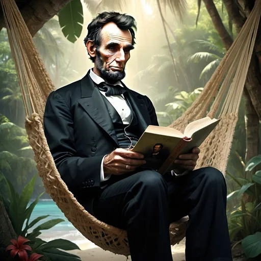 Prompt: by Lee Bogle & Michael Hussar & Sabbas Apterus :: Stunning views of photorealistic Abraham Lincoln wearing a grass skirt reading a Book in a hammock, lush tropical islands covered in sunlight. Secluded beaches, vibrant landscapes, and exotic flowers Images capturing calm moments in island life, noon light :: cinematic film still :: 16k resolution :: molecular precision :: Intricate :: Complex contrast :: HDR :: Sharp :: soft :: Cinematic Volumetric lighting :: WLOP colors :: wide long shot, perfect composition, burncycle, make it alive