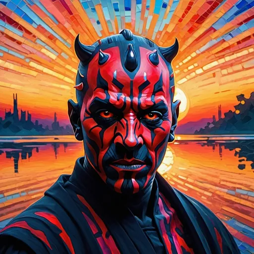 Prompt: Darth Maul, sunset, abstract art<1.8>, broken mirrors neo-impressionism <2.0>, 32k resolution, molecular precision, ultra sharp focus.