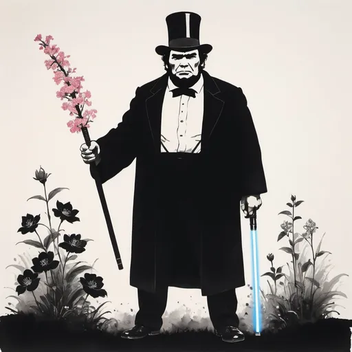 Prompt: Chinese ink painting, minimalism, Andre the Giant with an Abraham Lincoln beard, wearing a stovepipe hat holding and wielding a lightsaber, flower garden, large negative space