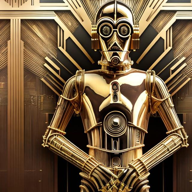 Prompt: "Full Body Shot of C-3PO (Star Wars), Intricate and geometric designs inspired by Art Deco movement's iconic shapes and patterns with stylish illustrations showcasing the sleek glamour and sophistication synonymous with Art Deco architecture and fashion and Detailed portrayals of Art Deco interiors, emphasizing the lavishness and modernity of the era, hyperdetailed by Carl Krull" Weight:1 "ugly, tiling, poorly drawn hands, poorly drawn feet, poorly drawn face, out of frame, extra limbs, disfigured, deformed, body out of frame, blurry, bad anatomy, blurred, watermark, grainy, signature, cut off, draft" Weight:-0.3 "detailed matte painting, deep color, fantastical, intricate detail, splash screen, complementary colors, fantasy concept art, 8k resolution trending on Artstation Unreal Engine 5" Weight:0.9