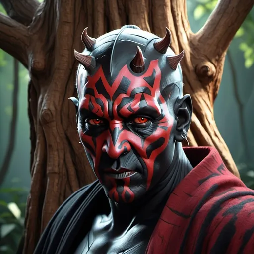 Prompt: Darth Maul carved into a tree of velvet and shadows. Massive roots grow throughout. Serene backdrop of blues greens reds yellows pinks. vibrant, photo realism, Masterpiece, 32k, best quality, ultra detailed, best artist, micro details, sharp edges, detailed textures, (full body shot:1), atmospheric lighting, visually stunning, perfect composition, trending on artstation, 32k resolution, molecular precision, ultra sharp focus.