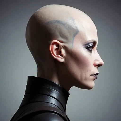 Prompt: stylized, flat, simple background, side profile, shadow silhouette, Asajj Ventress (COMPLETELY BALD!), dichromatic, 32k resolution, molecular precision, ultra sharp focus.